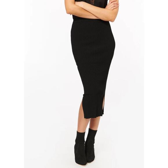 NEW Cami NYC Leah Black Knit Ribbed Bodycon Stretch Slit Calf Length Midi Skirt - Picture 3 of 8